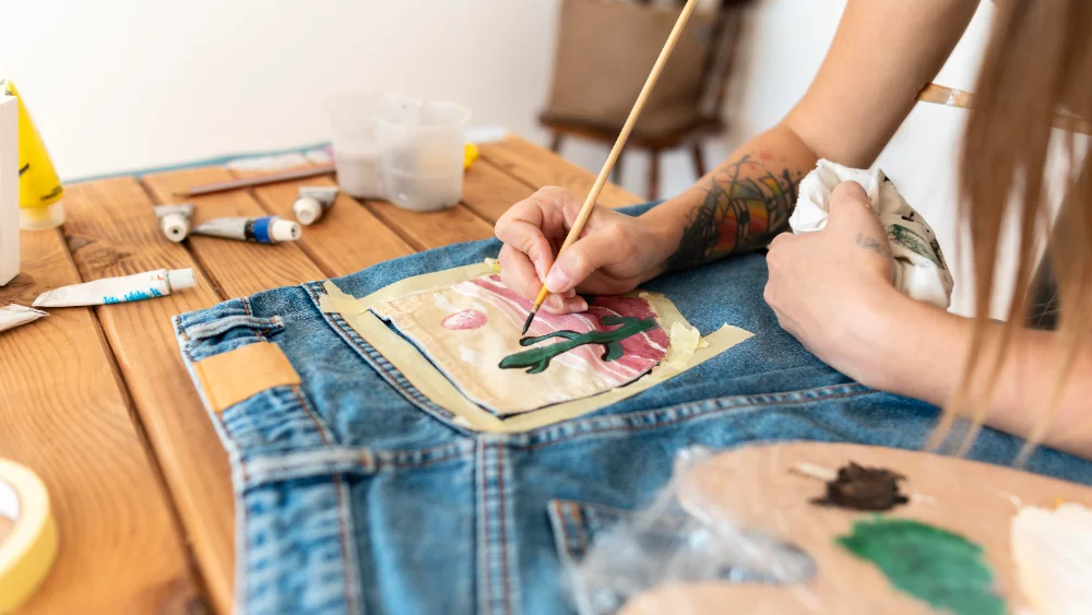 Mãos customizando jeans com bordado